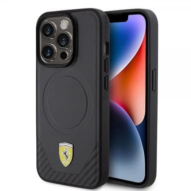Ferrari iPhone 15 Pro Cover Carbon PU Leather MagSafe Sort