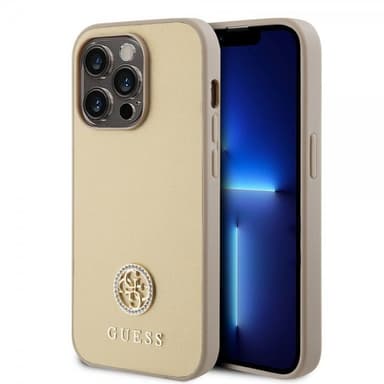 Guess iPhone 15 Pro Cover Metal Logo Strass Guld