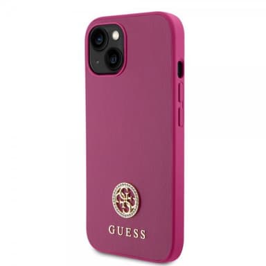 Guess iPhone 15 Cover Metal Logo Strass Metallic Lyserød