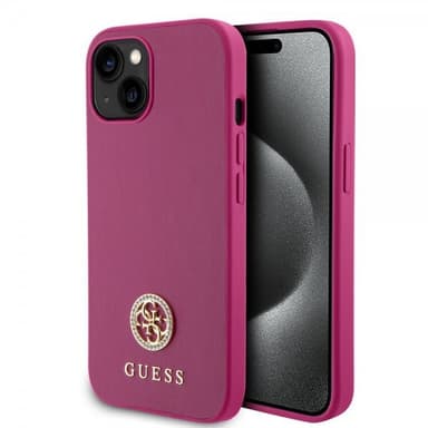 Guess iPhone 15 Cover Metal Logo Strass Metallic Lyserød