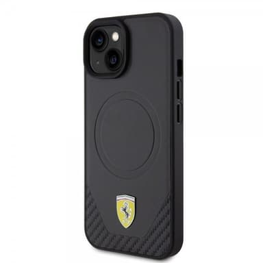Ferrari iPhone 15 Plus Cover Carbon PU Leather MagSafe Sort