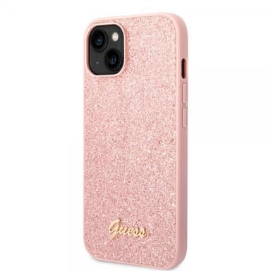 Guess iPhone 14 Plus Cover Glitter Flakes Metal Logo Lyserød