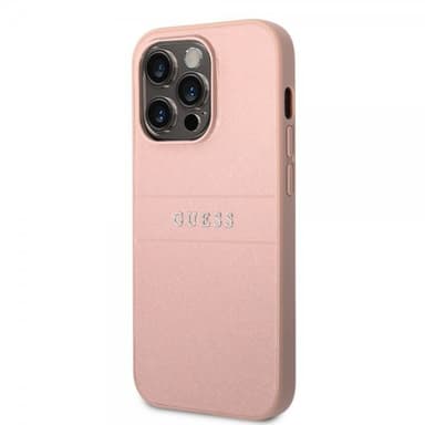 Guess iPhone 14 Pro Max Cover Saffiano Metal Logo Stripes Lyserød