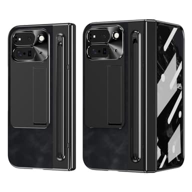 Til Google Pixel 9 Pro Fold 5G Cover Kickstand Læder+PC Etui med Hærdet Glasfilm og Stylus - Sort