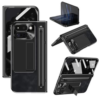 Til Google Pixel 9 Pro Fold 5G Cover Kickstand Læder+PC Etui med Hærdet Glasfilm og Stylus - Sort