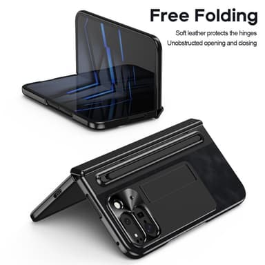 Til Google Pixel 9 Pro Fold 5G Cover Kickstand Læder+PC Etui med Hærdet Glasfilm og Stylus - Sort