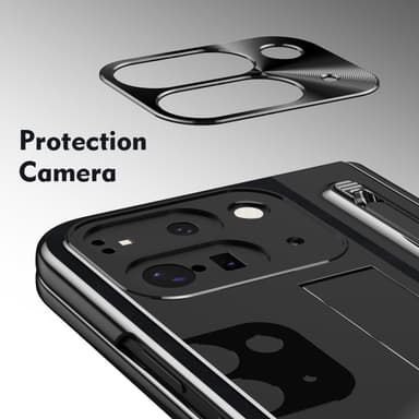 Til Google Pixel 9 Pro Fold 5G Cover Kickstand Læder+PC Etui med Hærdet Glasfilm og Stylus - Sort