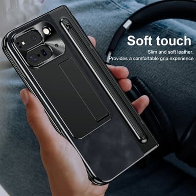 Til Google Pixel 9 Pro Fold 5G Cover Kickstand Læder+PC Etui med Hærdet Glasfilm og Stylus - Sort