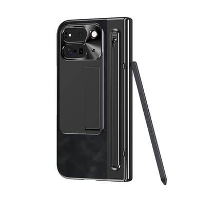 Til Google Pixel 9 Pro Fold 5G Cover Kickstand Læder+PC Etui med Hærdet Glasfilm og Stylus - Sort