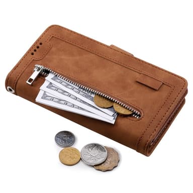 Til Samsung Galaxy S24 FE Etui med Lynlåslomme og 9 Kortlommer – Brun