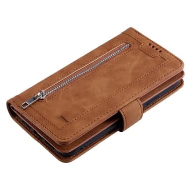 Til Samsung Galaxy S24 FE Etui med Lynlåslomme og 9 Kortlommer – Brun