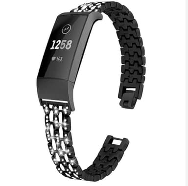 Fitbit Charge 3/4 metal armbånd med rhinestones Black/Crystal