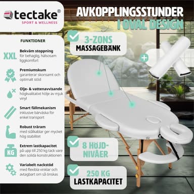 Massagebriks oval med 3 zoner, 5cm polstring + ruller - hvid