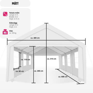 Festtelt 6x4 med 4 sidedele - hvid