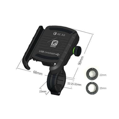 Mobilholder til motorcykel med QC3.0 Hurtigopladning, Sort