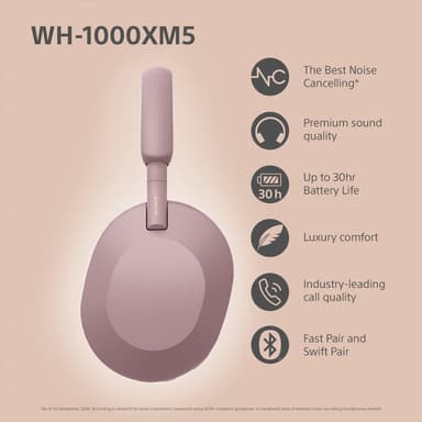 Sony WH-1000XM5 trådløse around-ear-hovedtelefoner (røget lyserød)