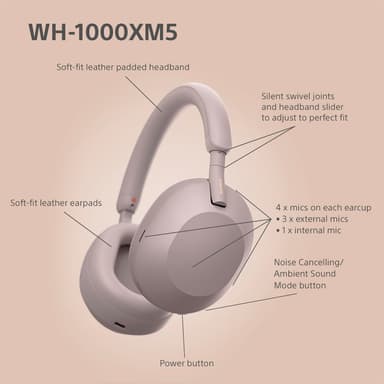 Sony WH-1000XM5 trådløse around-ear-hovedtelefoner (røget lyserød)