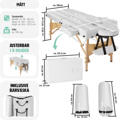 Massagebriks med 2 zoner, 7,5cm polstring + ruller - hvid