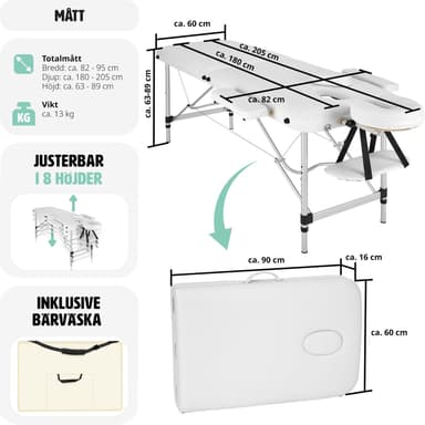 Massagebriks i aluminium med 2 zoner, polstring + taske - hvid