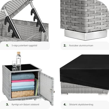 Sæt med liggestole + bord i polyrattan/aluminium - lysegrå