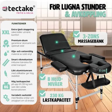 Massagebriks i aluminium med 3 zoner, 5cm polstring + taske - sort