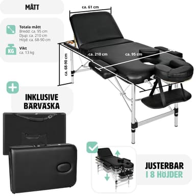 Massagebriks i aluminium med 3 zoner, 5cm polstring + taske - sort