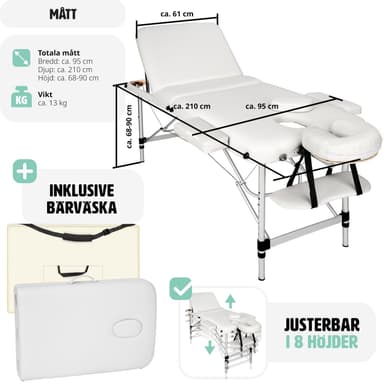 Massagebriks i aluminium med 3 zoner, 5cm polstring + taske - hvid