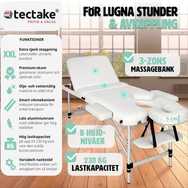 Massagebriks i aluminium med 3 zoner, 5cm polstring + taske - hvid