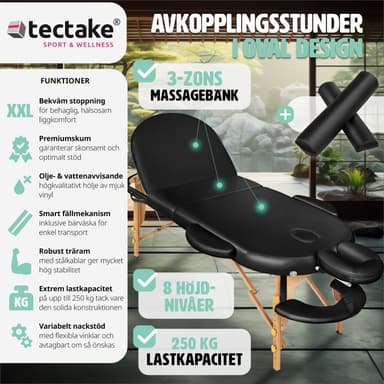 Massagebriks oval med 3 zoner, 5cm polstring + ruller - sort