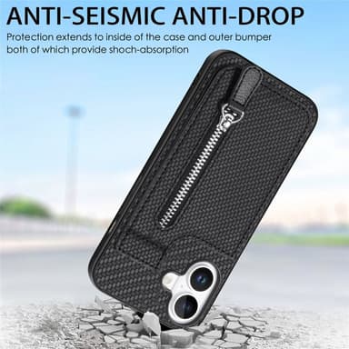 SKALO iPhone 16 Carbon Fiber Cover med kortholder - Sort