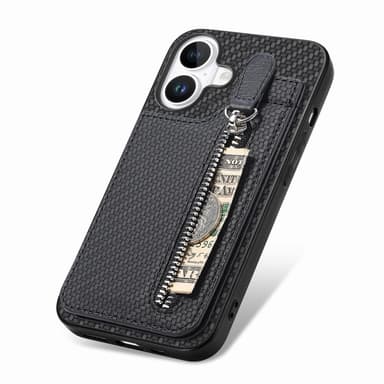 SKALO iPhone 16 Carbon Fiber Cover med kortholder - Sort