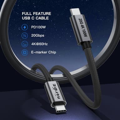 NÖRDIC 3m USB3.2 Gen2 USB-C til C nylonflettet kabel hurtigopladning med strømforsyning PD100W 20Gbps 5A med Emarker
