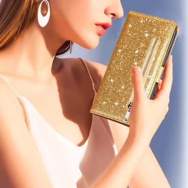 SKALO Samsung S25 Ultra Glitter Lynlås Flip Cover - Guld