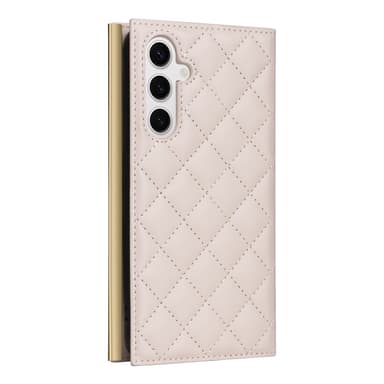 SKALO Samsung S25 Quiltet skulderrem med guldkant Flip Cover - Beige