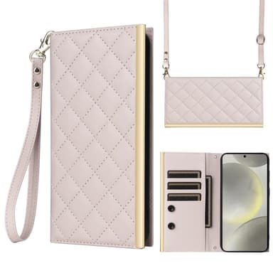 SKALO Samsung S25 Quiltet skulderrem med guldkant Flip Cover - Beige