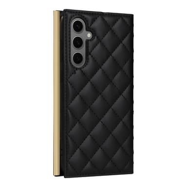 SKALO Samsung S25+ Quiltet skulderrem med guldkant Flip Cover - Sort
