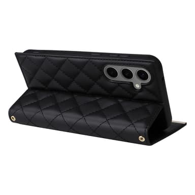 SKALO Samsung S25+ Quiltet skulderrem med guldkant Flip Cover - Sort
