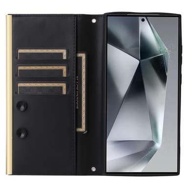 SKALO Samsung S25 Ultra Quiltet skulderrem med guldkant Flip Cover - Sort