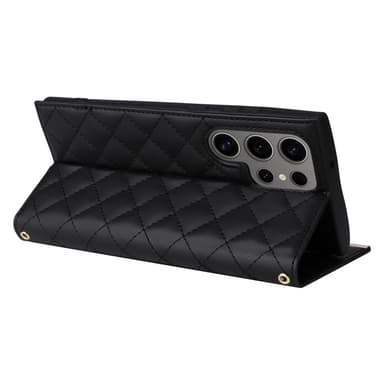 SKALO Samsung S25 Ultra Quiltet skulderrem med guldkant Flip Cover - Sort