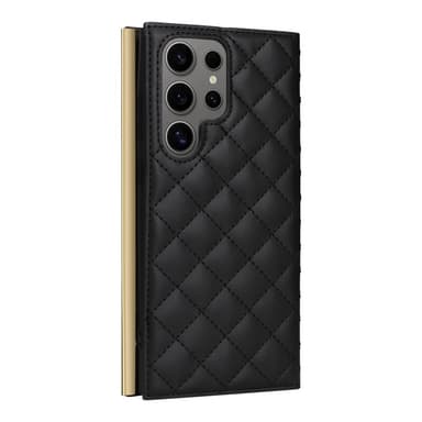 SKALO Samsung S25 Ultra Quiltet skulderrem med guldkant Flip Cover - Sort