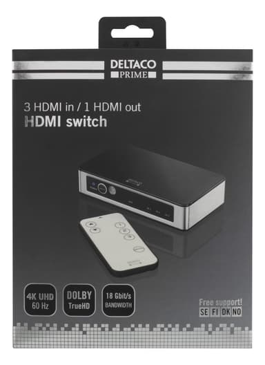 Premium HDMI-switch med 3 porte, IR-fjernbetjening, Ultra HD i 60 Hz, sort