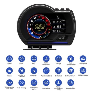 Bil HUD Speedometer OBD2+GPS-måler med overhastighed, omdrejningsalarm