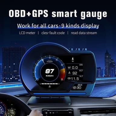 Bil HUD Speedometer OBD2+GPS-måler med overhastighed, omdrejningsalarm