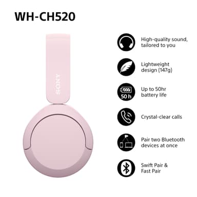 Sony WH-CH520 trådløse on-ear høretelefoner (pink)