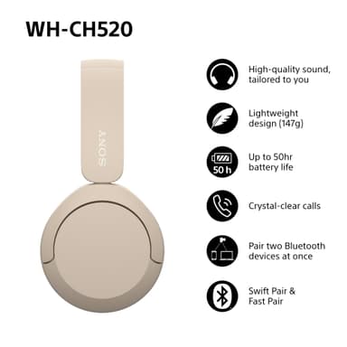 Sony WH-CH520 trådløse on-ear høretelefoner (beige)