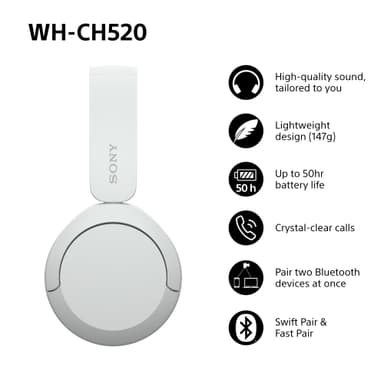 Sony WH-CH520 trådløse on-ear høretelefoner (hvid)