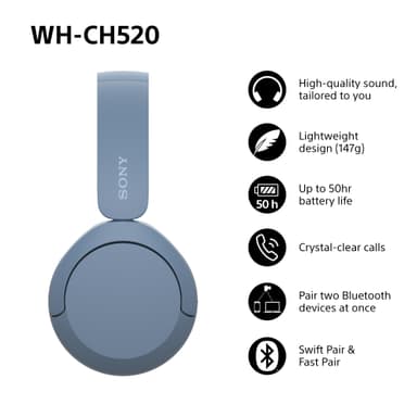 Sony WH-CH520 trådløse on-ear høretelefoner (blå)