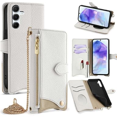 SKALO Samsung A36 5G Litchi Makeup Mirror Chain Flip Cover - Hvid