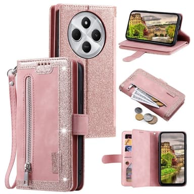 Til Xiaomi Redmi 14C Etui med Lynlåslomme og 9 Kortlommer – RoseGold