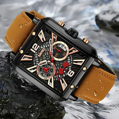 SKMEI Armbåndsur Til Mænd Læderrem Firkantet Quartz Ur - Brun+Sort